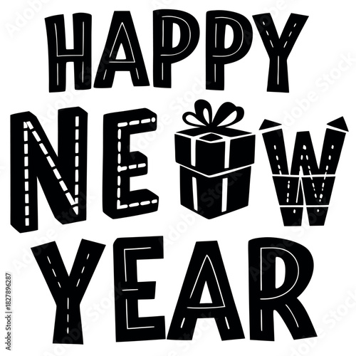 Happy New Year silhouette text with party horn sil (1).