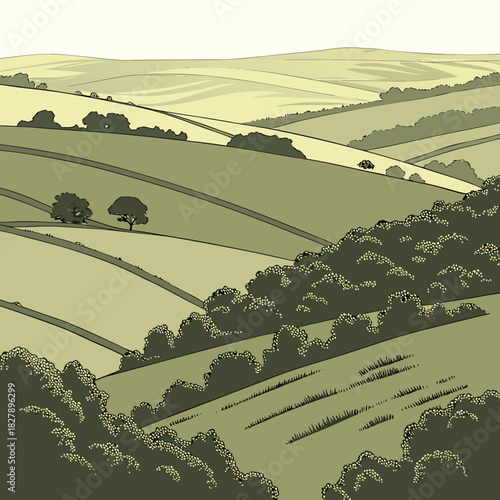 Rolling hills and fields create a peaceful rural landscape illustration