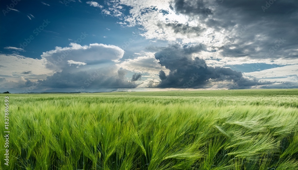 Obraz premium Green Wheat Field Under A Cloudy Sky