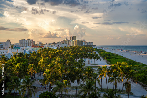 Elevated sunset view across palm trees of Lummus Park of South Beach, Miami Beach in Florida