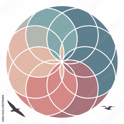 Geometric flower of life symbol with birds
