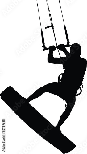 Silhouette of a kitesurfer in action against a white background