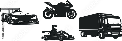 Collection of transportation vehicles silhouettes car motorcycle gokart and truck