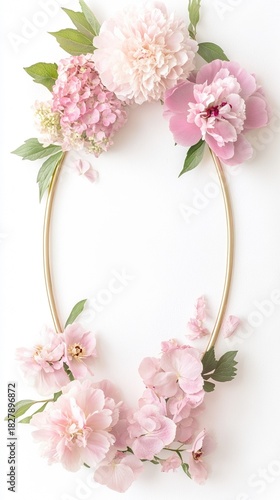 Romantic Peony and Hydrangea Creative Floral Layout with Oval Gold Frame for Elegant Printable Design