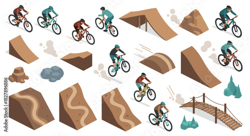 Isometric mountain biking scene with jump ramps and nature elements