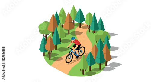 Cyclist exploring a vibrant forest path in isometric design