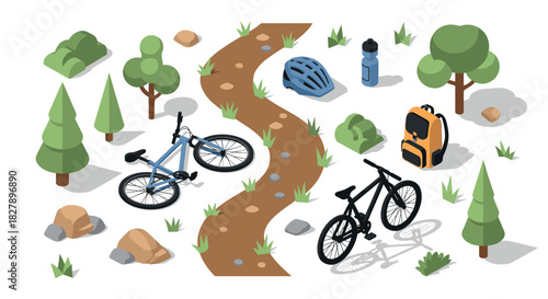 Isometric bicycle adventure in nature with path and gear elements