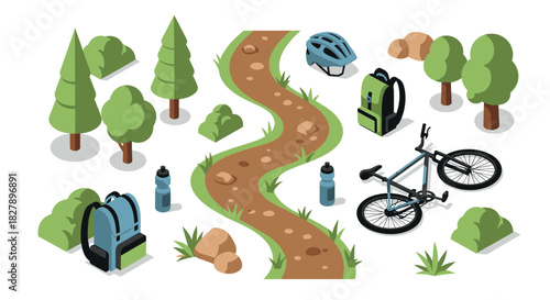 Isometric outdoor adventure: biking, backpacks, and nature trails