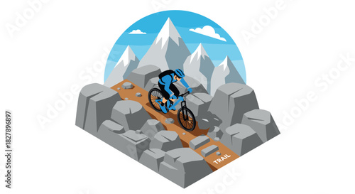 Adventure mountain biking on rocky trail in isometric style with majestic snow-capped peaks