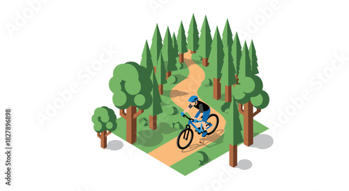 Cyclist riding through a forest trail in isometric style