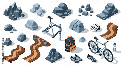 Isometric mountain biking elements with terrain and gear