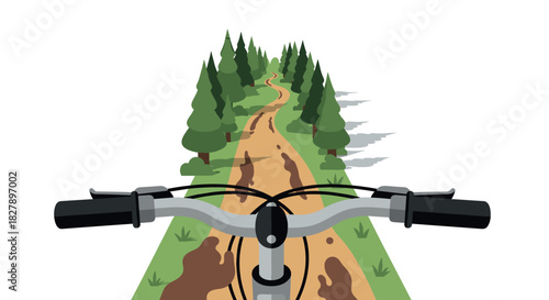 Adventure cycling in forest pathway with scenic view of tall pine trees