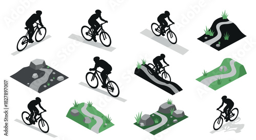 Isometric cycling silhouettes on mountain trails with varied terrains