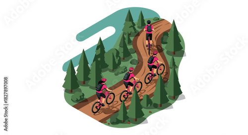 Isometric mountain biking trail with cyclists in a forest