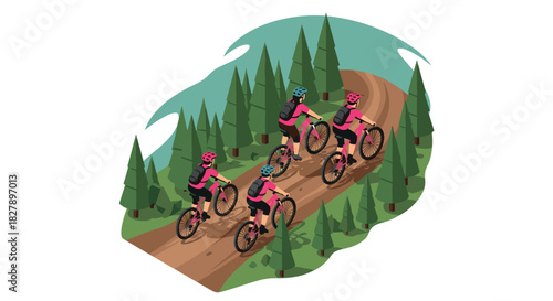 Adventurous cycling: three riders on a scenic trail through a forest