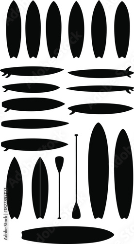 Collection of paddle board and surfboard silhouettes for design projects