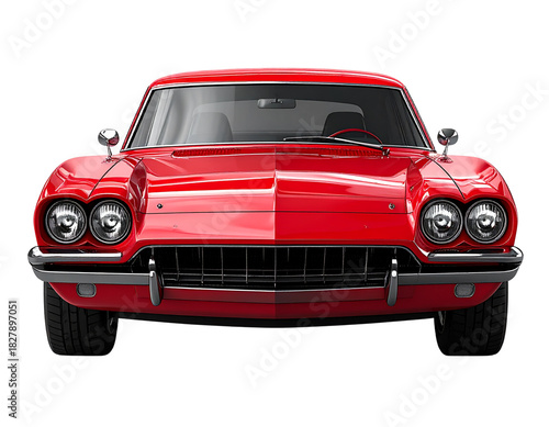 Red Retro American Muscle Car 3D Render, Low Front Angle, Transparent Background