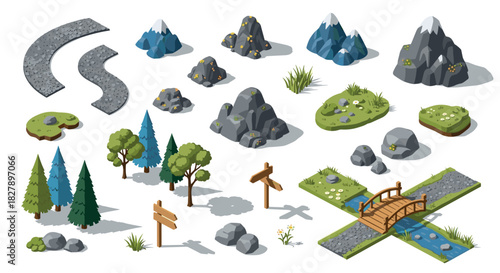 Isometric nature elements with trees, rocks, and pathways for game design