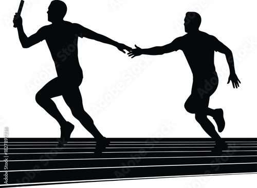 Silhouette of runners passing baton in relay race competition