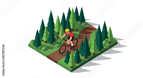 Cyclist exploring forest trails on a sunny day in isometric style