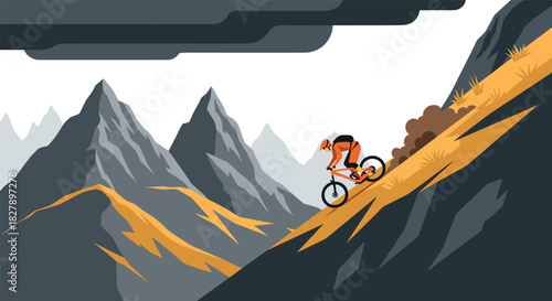 Adventurous cyclist descending mountain in striking graphic art scene