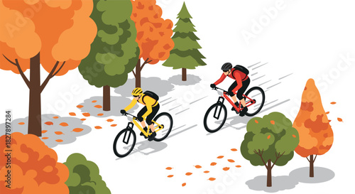 Cyclists biking through vibrant autumn forest in flat design