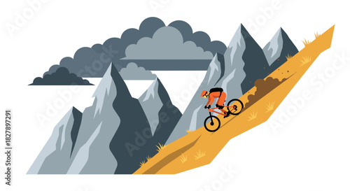Mountain biker descends steep rocky slope with dynamic clouds in minimalist style