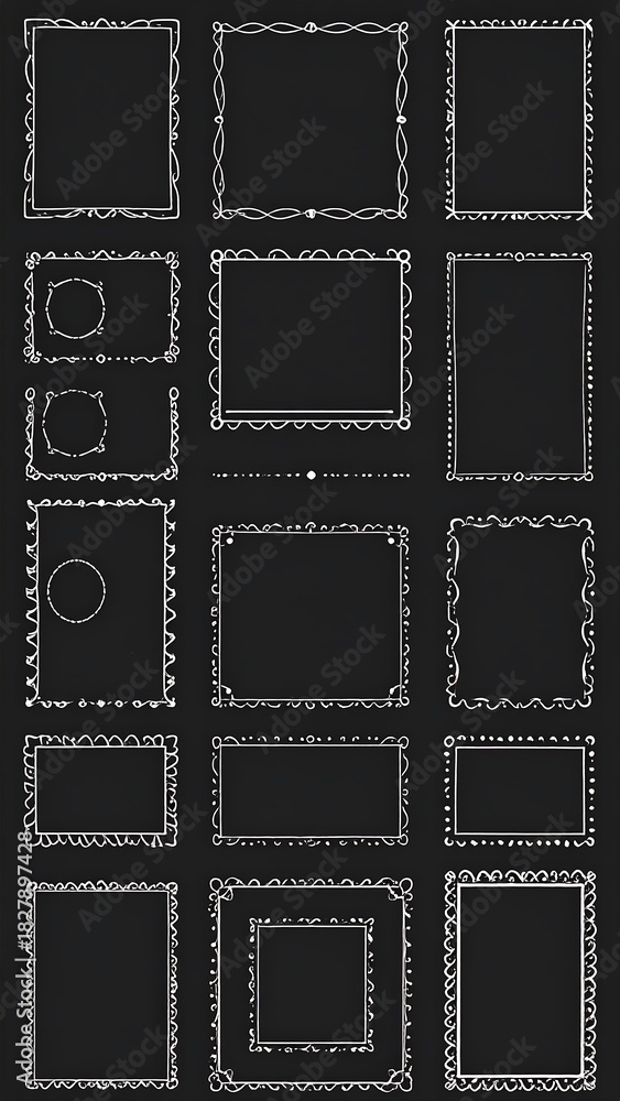 Fototapeta premium A collection of ornate frames in various shapes and sizes, outlined in white against a dark background. The frames include squares, rectangles, and circles