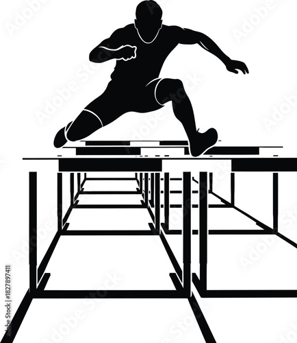 Silhouette of athlete hurdling over obstacles in a race