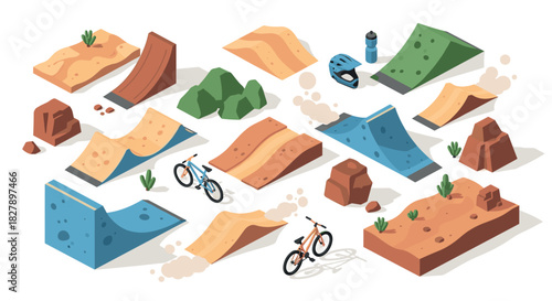 Isometric bmx park with ramps and bicycles in a desert landscape