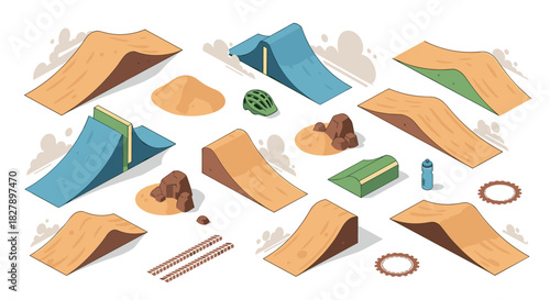 Isometric bike park elements with ramps, dirt, and accessories for extreme sports design