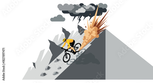 Cyclist descending mountain with storm and explosion in geometric art