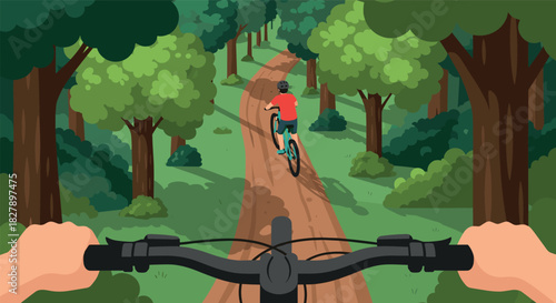 Scenic forest adventure with cyclists on a lush green trail