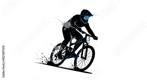 Dynamic mountain biking silhouette with splatter effect on a white background