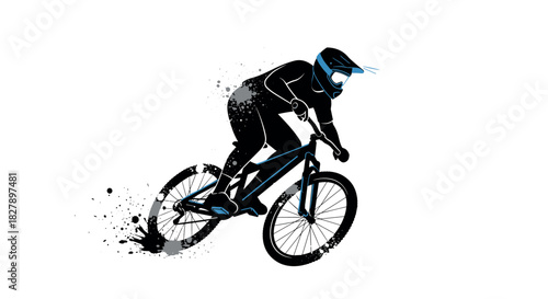 Dynamic bmx cyclist silhouette with splashing effects and blue accents