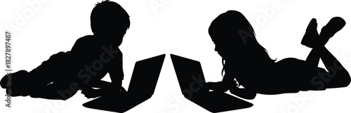 Children using laptops silhouette, digital learning, online education, technology engagement, modern kids, vector illustration, remote activity
