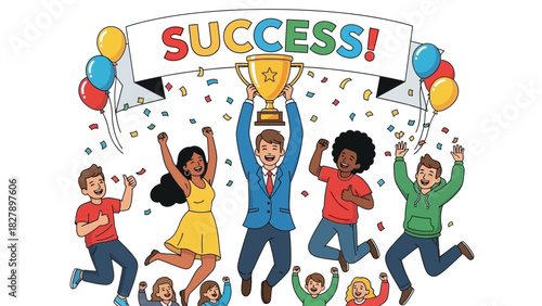 A Group of Diverse People Celebrating Together Holding Up a Trophy with Confetti Falling and Balloons in the Background Under a Banner That Says Success