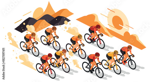 Competitive cycling race in vibrant geometric style with dynamic background