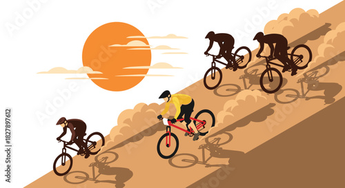 Cyclists riding downhill at sunset with dramatic shadow silhouettes