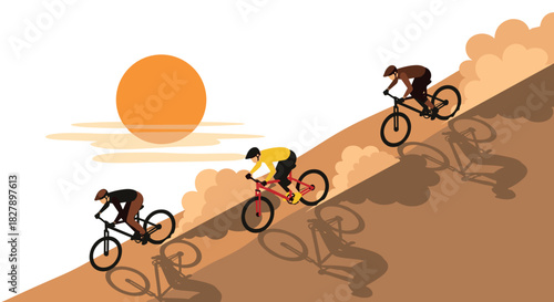 Cyclists riding downhill at sunset in minimalist style