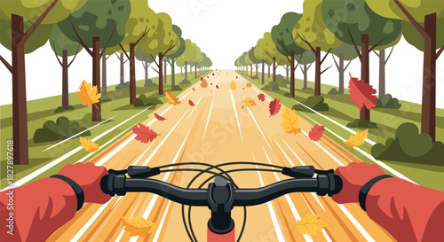 Autumn bike ride through vibrant forest path with falling leaves
