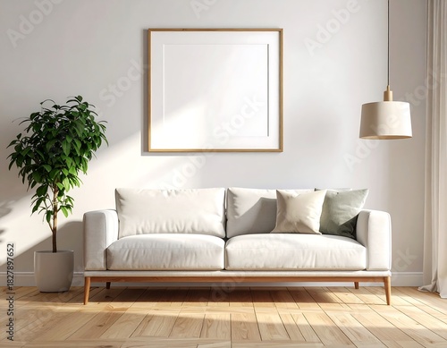 Bright interior. White sofa, framed artwork, pot with plant, lamp and a light wooden floor