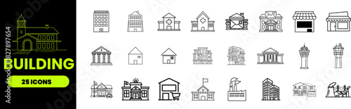  Minimalist Building line icons set with editable stroke, featuring factory, mosque, apartment, stadium, skyscrapers, museum, school, university, church, mill, wind, pagoda, thin linear illustration.
