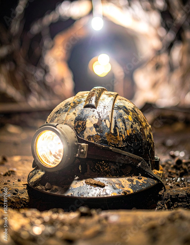 Stary kask z latarką górnika w kopalni 