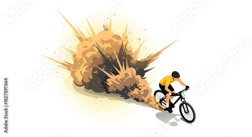 Isometric cyclist in motion with explosive dust trail