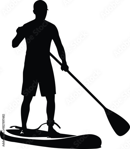 Silhouette of man paddleboarding on water on a white background