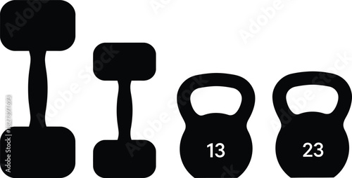 Black and white dumbbells and kettlebells fitness equipment silhouettes