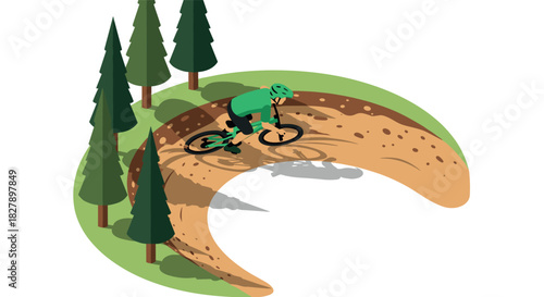 Isometric mountain biking adventure in forest setting with cyclist on curved trail