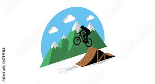Mountain biker jumping on ramp with scenic mountain background