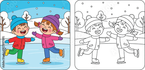 Coloring book page vector with colored reference. Cute cartoon children ice skating in winter park. Happy boy and girl skater outline illustration.